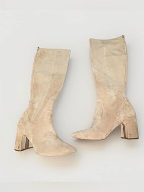 Sam Edelman Women's Suede Tall Boots Block Heel Zip Up Pointed Toe Beige Sz 10M